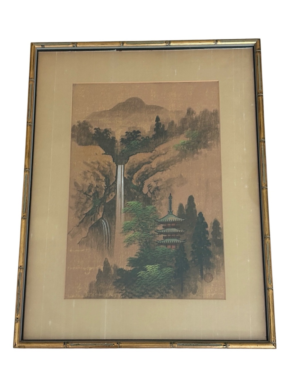 Vintage Japanese Temple Mountain Landscape Original Painting Waterfall Signed
